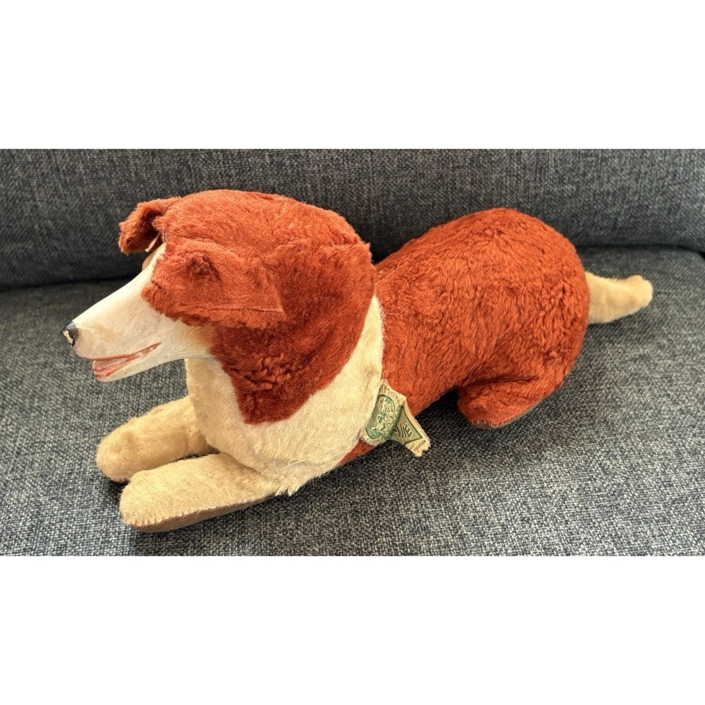 Vintage plush stuffed dog My Pal Lassie Smile Novelty Toy Co 1950's rubber face